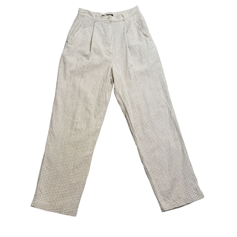 Vtg Linen/Cotton High Waist Tan White Pleat Front Gingham Pants Fits Sz S Cottag
